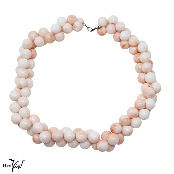Vintage Pink White Marbleized Bead Choker Necklace Statement 17" Long - Hey Viv - Picture 1 of 5